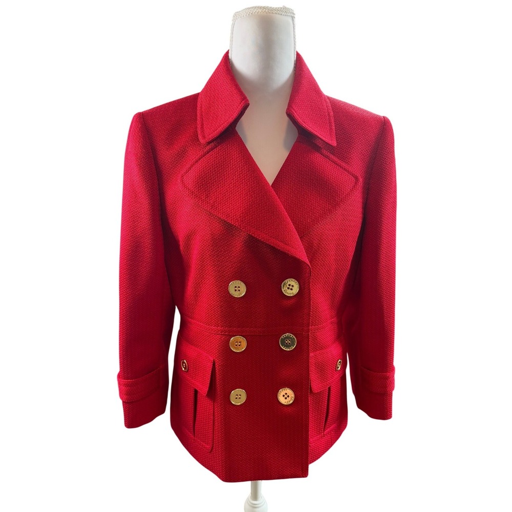 Tahari Arthur S Levine Red Double Breasted Pea Coat Gold Logo Buttons Size 6P